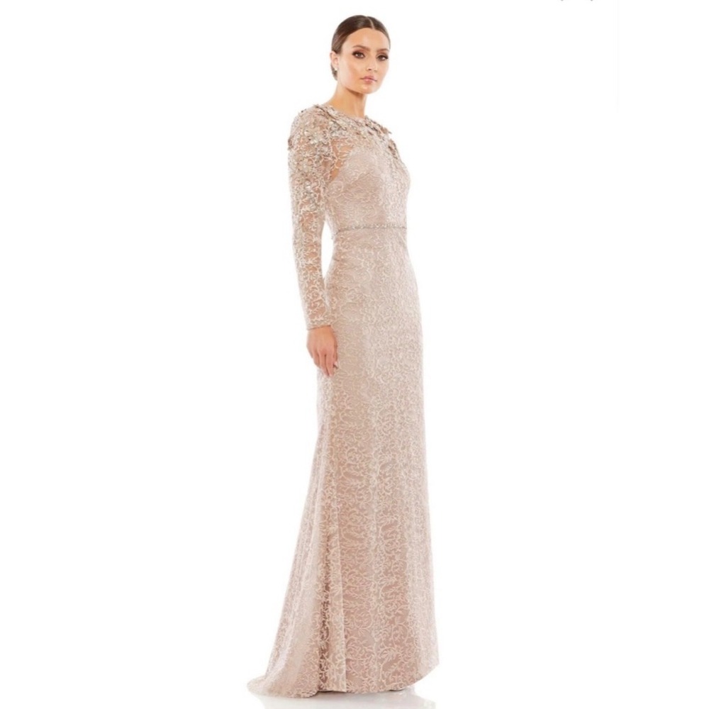 NWT Mac Duggal 11217 Nude Illusion Neckline Long Sleeve Embroidered Dress SZ 8 - Picture 4 of 12